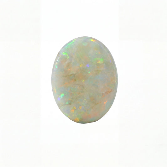 Opal stone with multicoloured play of light on a white background