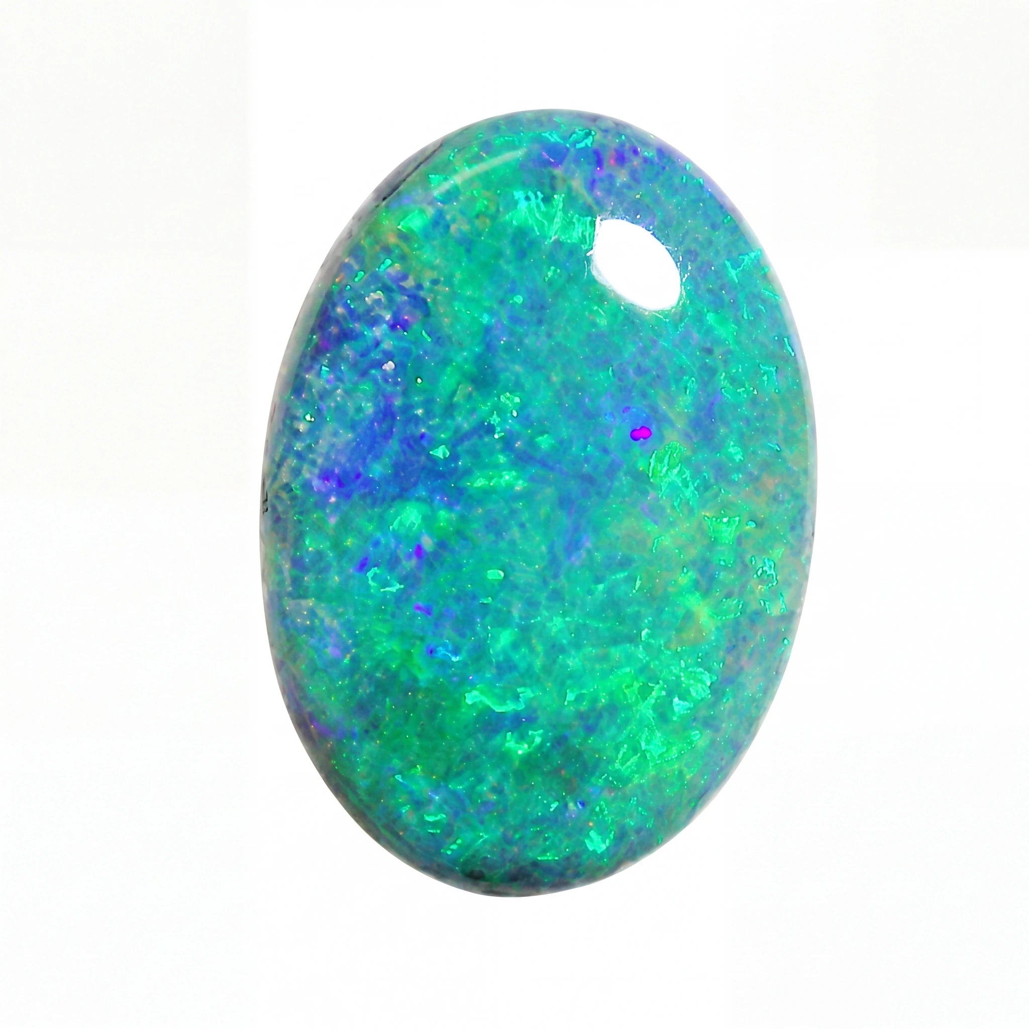 Oval-shaped opal stone with vibrant green and blue colours on a white background