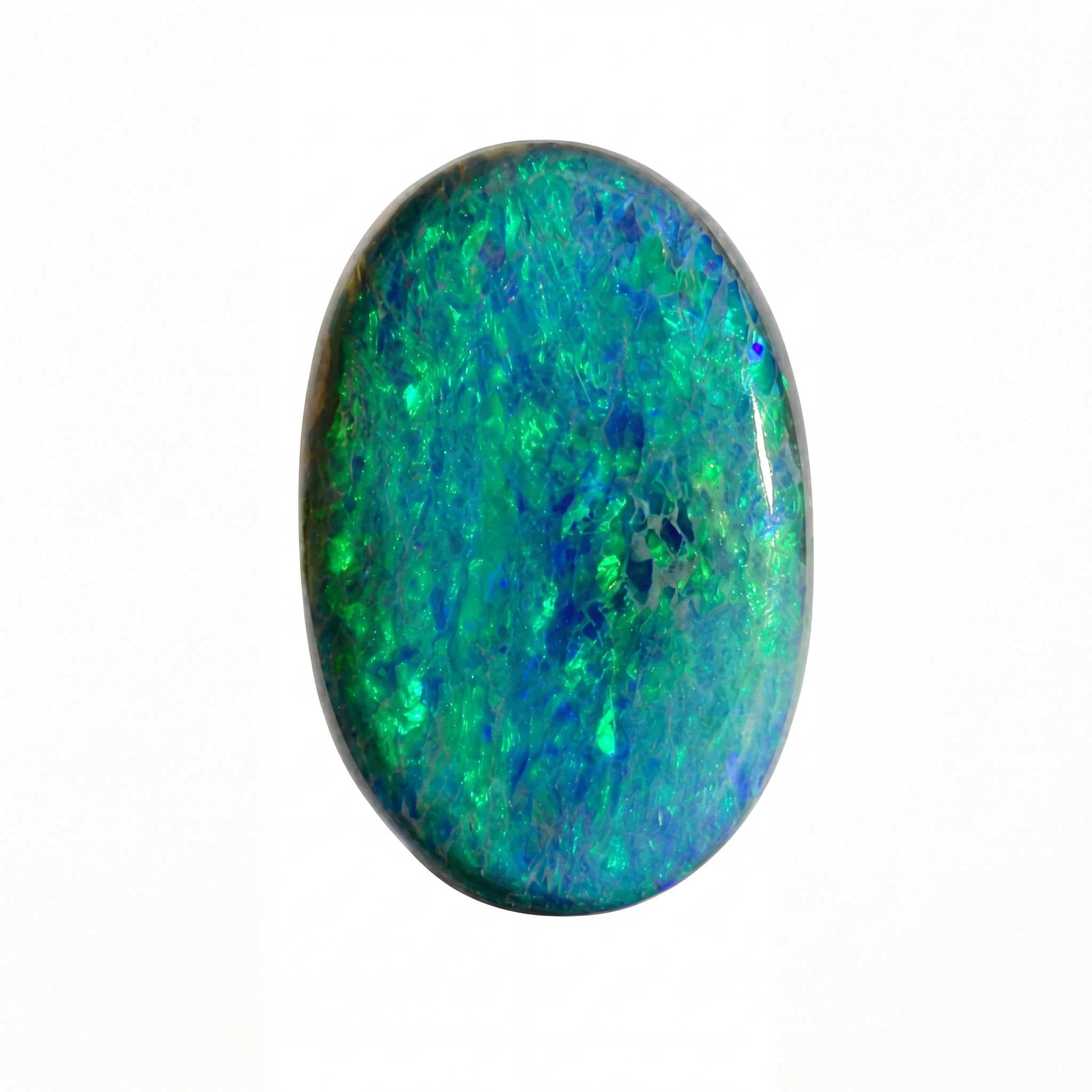 Oval-shaped opal stone with green and blue colours on a white background