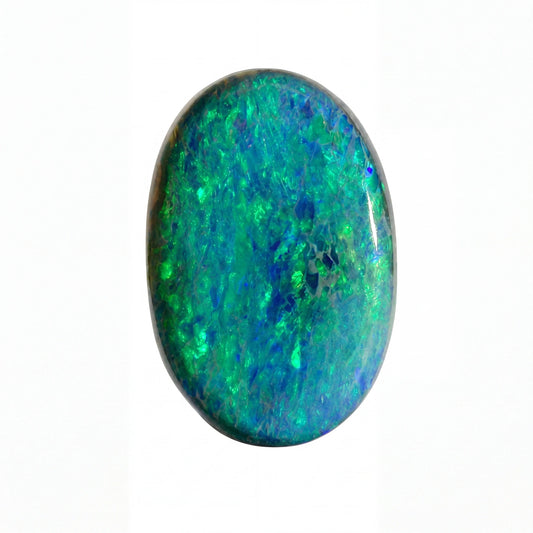 Oval-shaped opal stone with green and blue colours on a white background