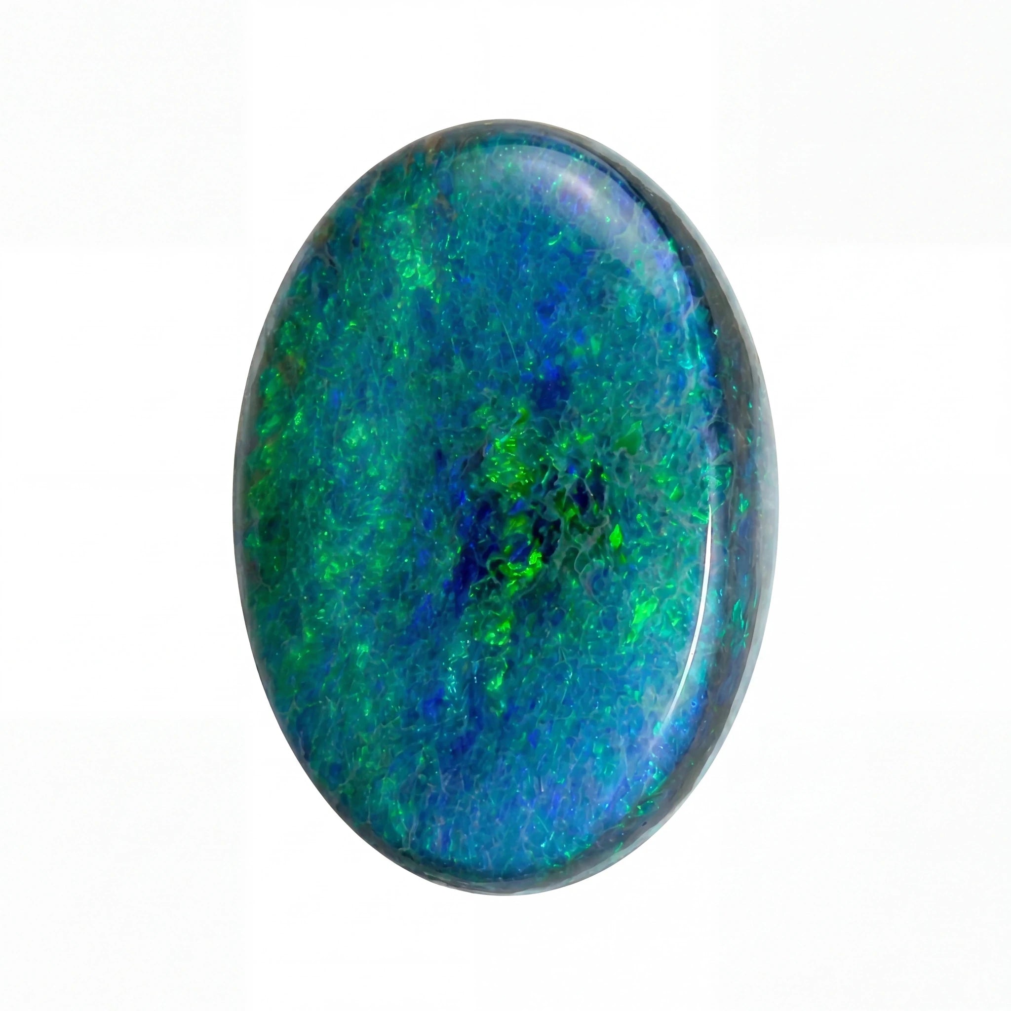Oval-shaped opal stone with blue and green colours on a white background