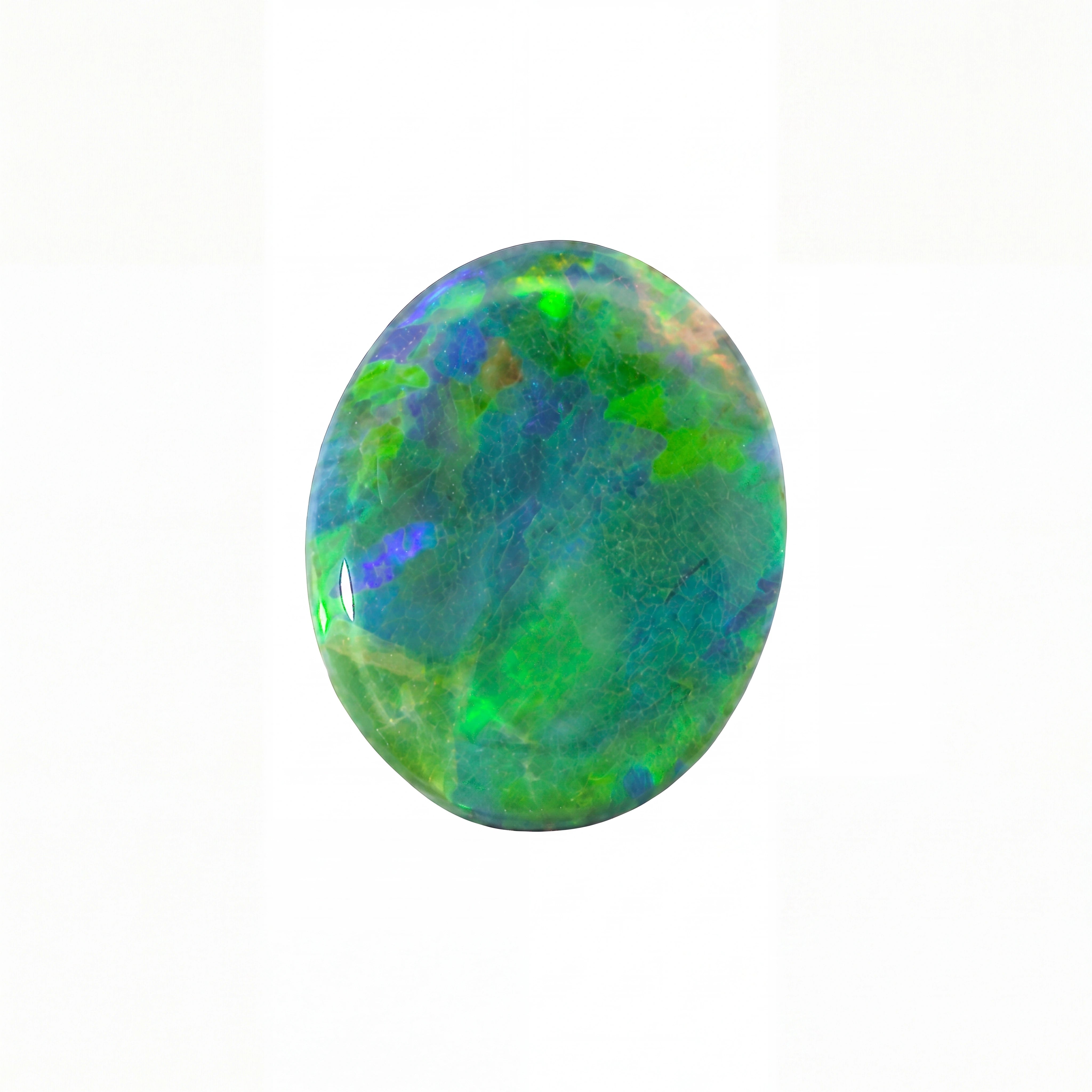 A polished oval opal gemstone with vibrant green, blue, and purple play-of-colour, set against a plain white background.