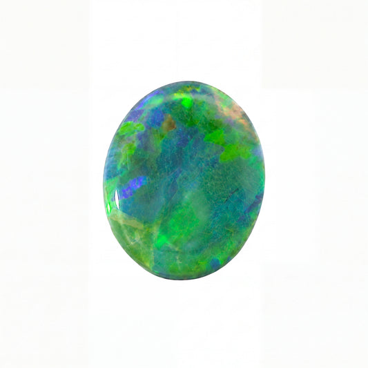 A polished oval opal gemstone with vibrant green, blue, and purple play-of-colour, set against a plain white background.