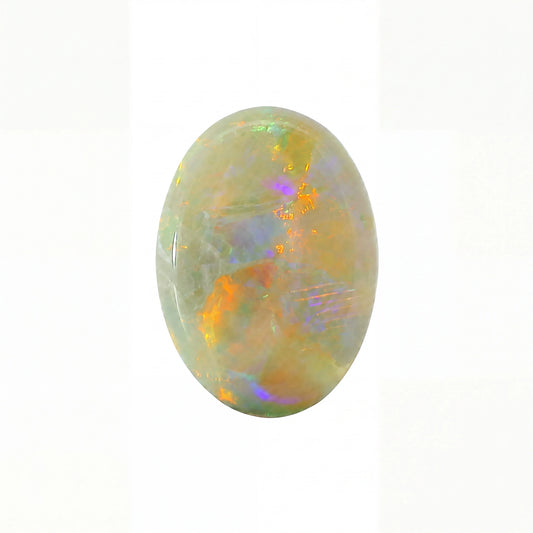 A single oval cabochon gemstone with a play-of-colour pattern featuring orange, green, purple, and blue hues on a white background.