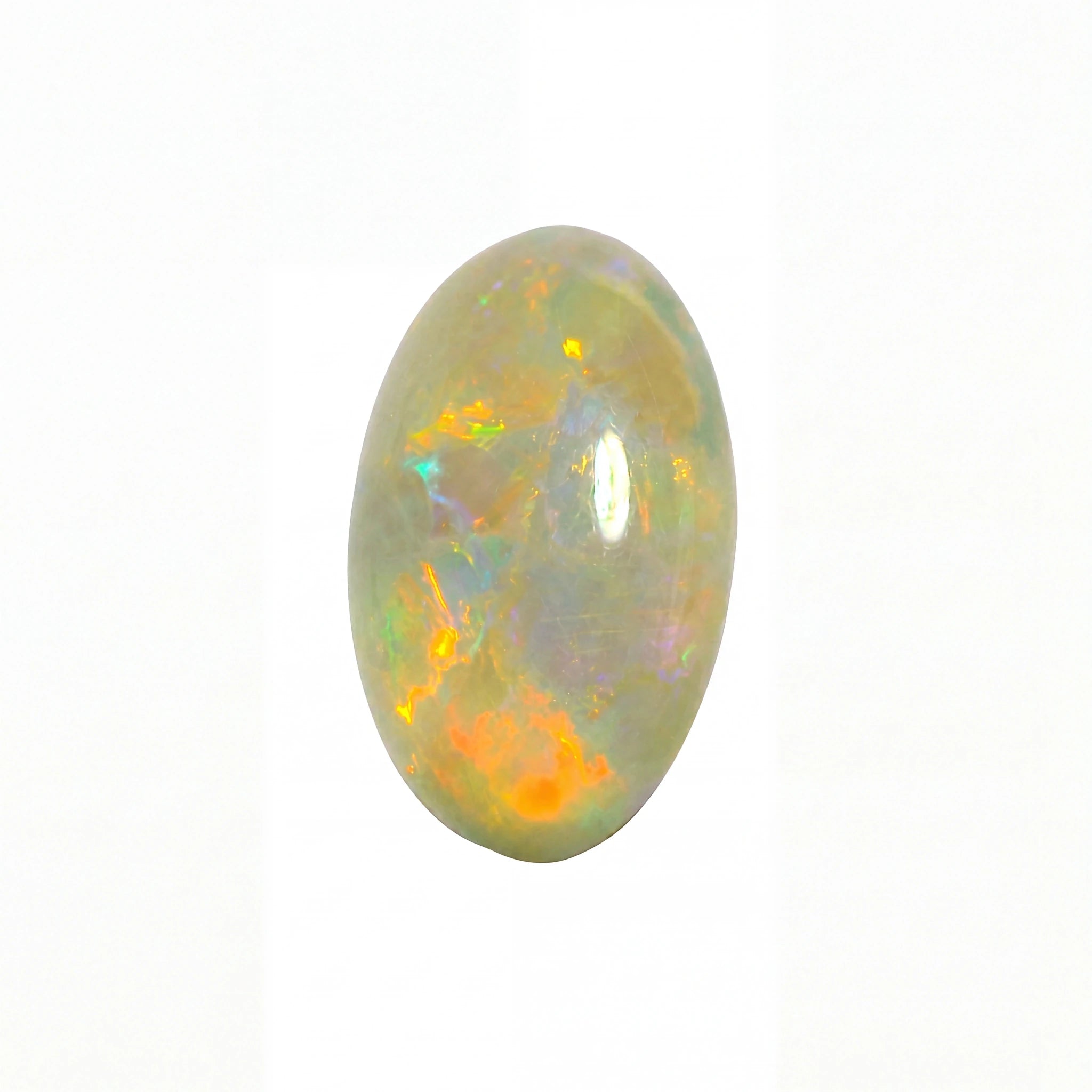 Opal stone with multicoloured play of light on a white background