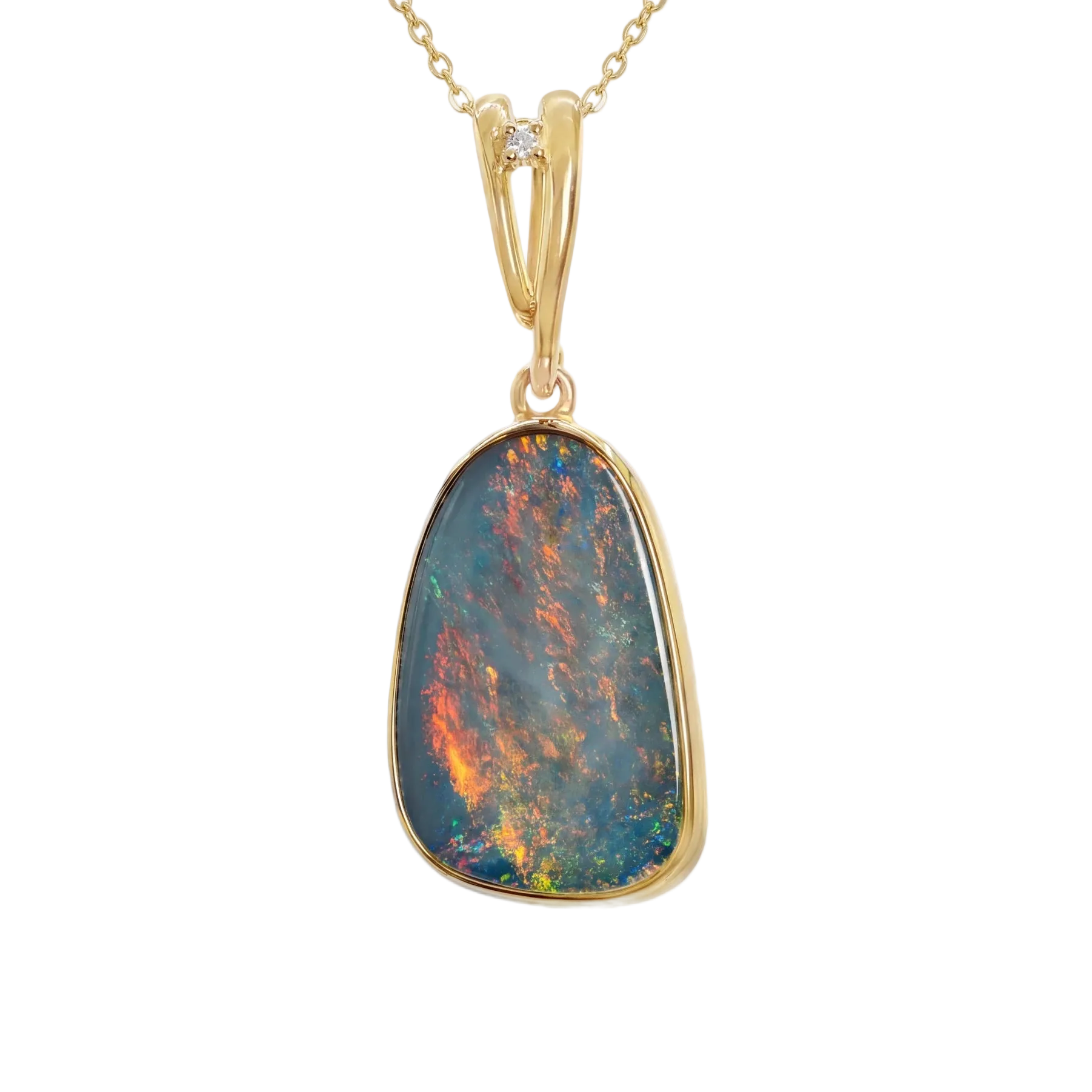 Doublet Opal Pendant in 14K Yellow Gold - Multicolour - Australian Opal Cutters and Pearl Divers