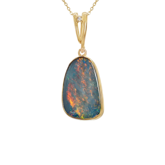 Doublet Opal Pendant in 14K Yellow Gold - Multicolour - Australian Opal Cutters and Pearl Divers