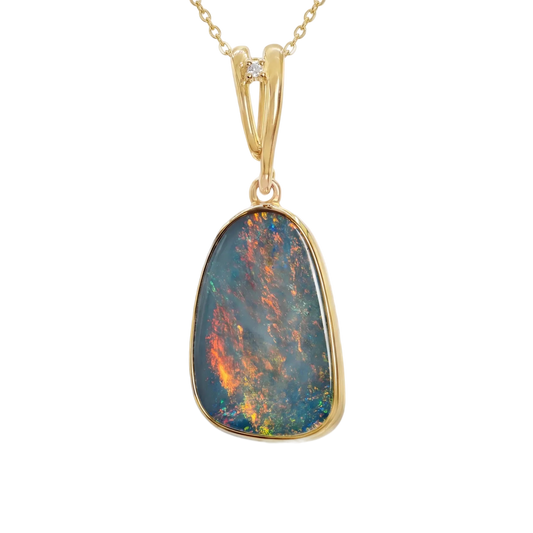 Doublet Opal Pendant in 14K Yellow Gold - Multicolour - Australian Opal Cutters and Pearl Divers