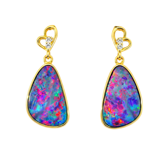 Doublet Opal Earrings in 14K Yellow Gold (Multicolour) - Australian Opal Cutters and Pearl Divers