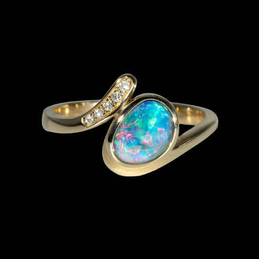 Doublet Opal Ring in 14K Yellow Gold - Multicolour - Australian Opal Cutters and Pearl Divers