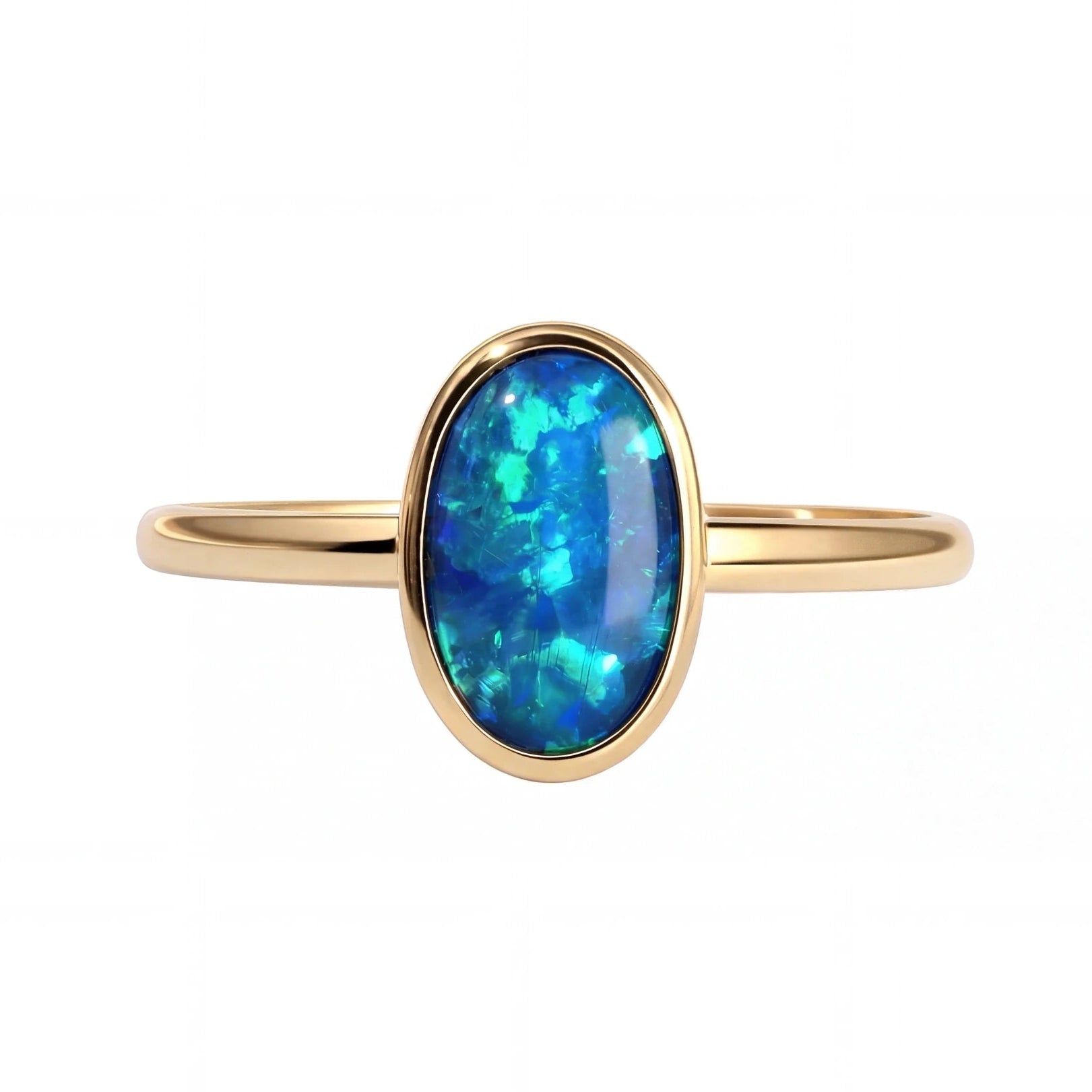 Black Opal Ring in 14K Yellow Gold - Green-Blue - Australian Opal Cutters and Pearl Divers