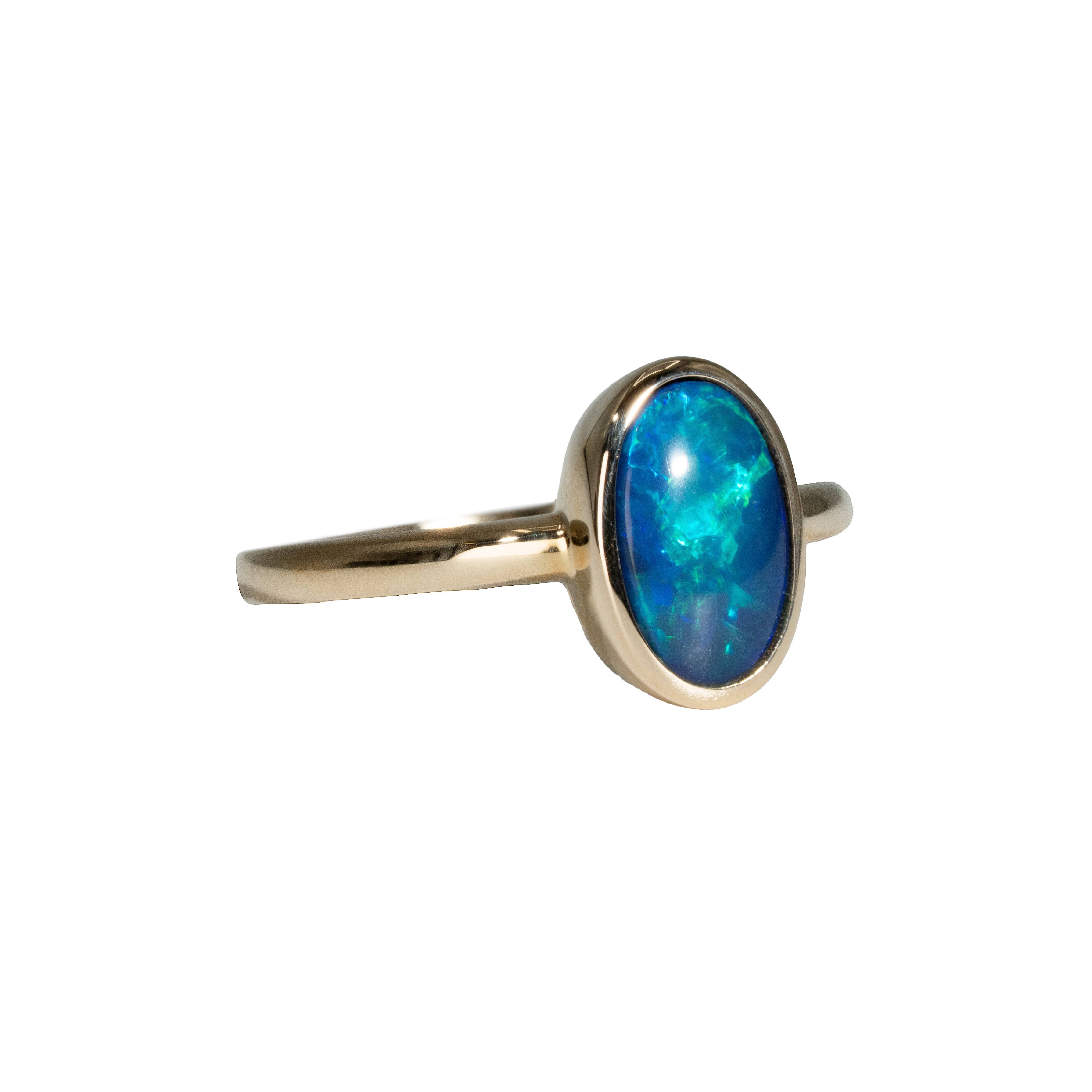 Black Opal Ring in 14K Yellow Gold - Green-Blue