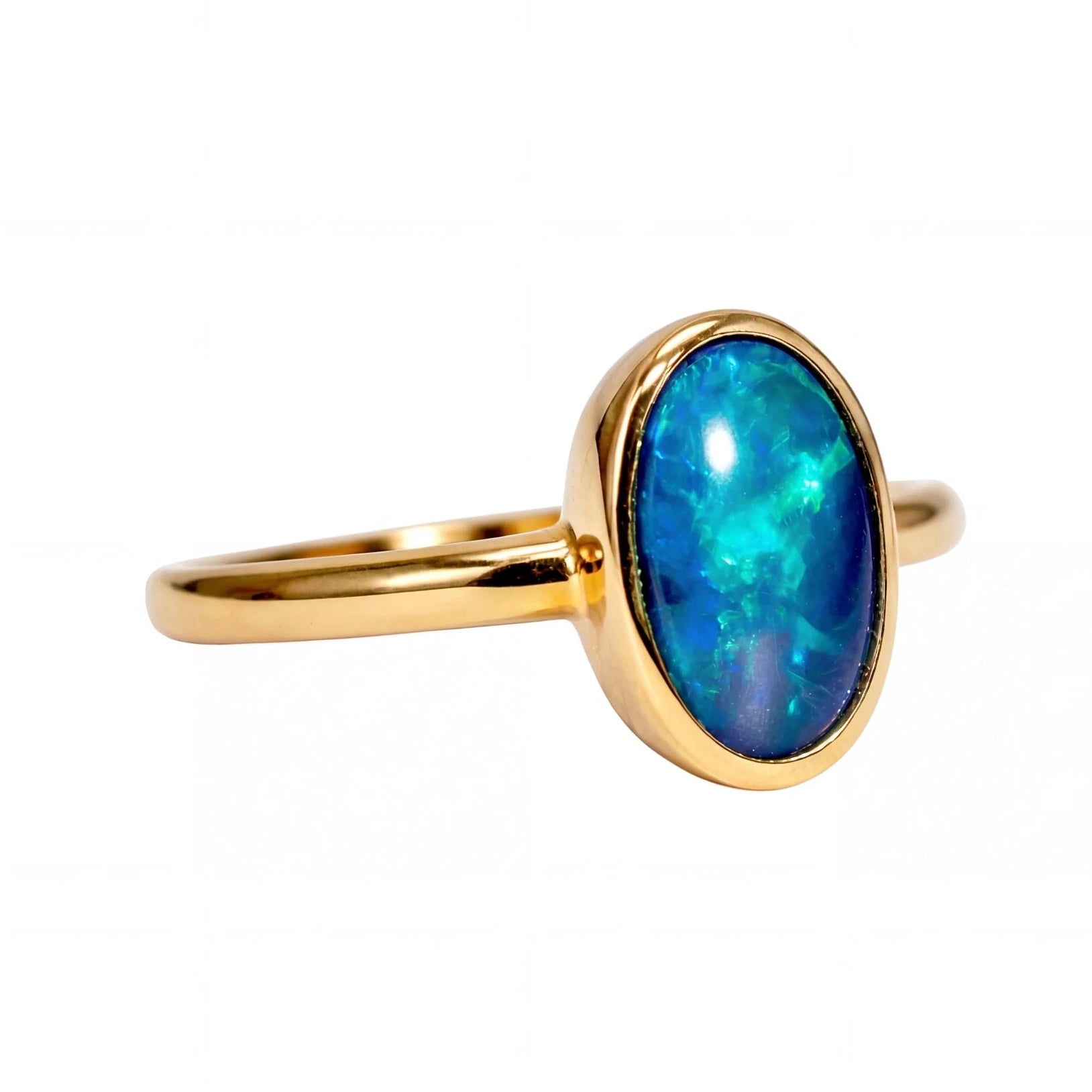 Black Opal Ring in 14K Yellow Gold - Green-Blue - Australian Opal Cutters and Pearl Divers