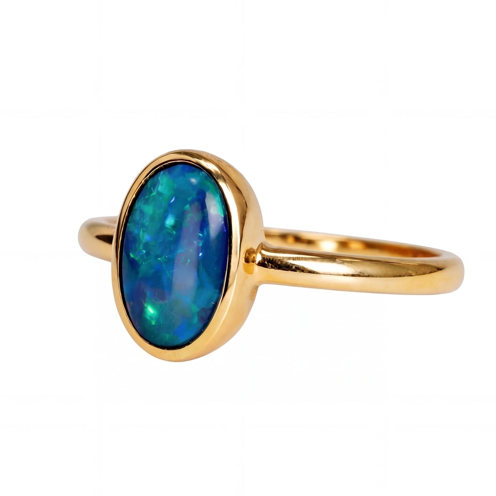 Black Opal Ring in 14K Yellow Gold - Green-Blue - Australian Opal Cutters and Pearl Divers