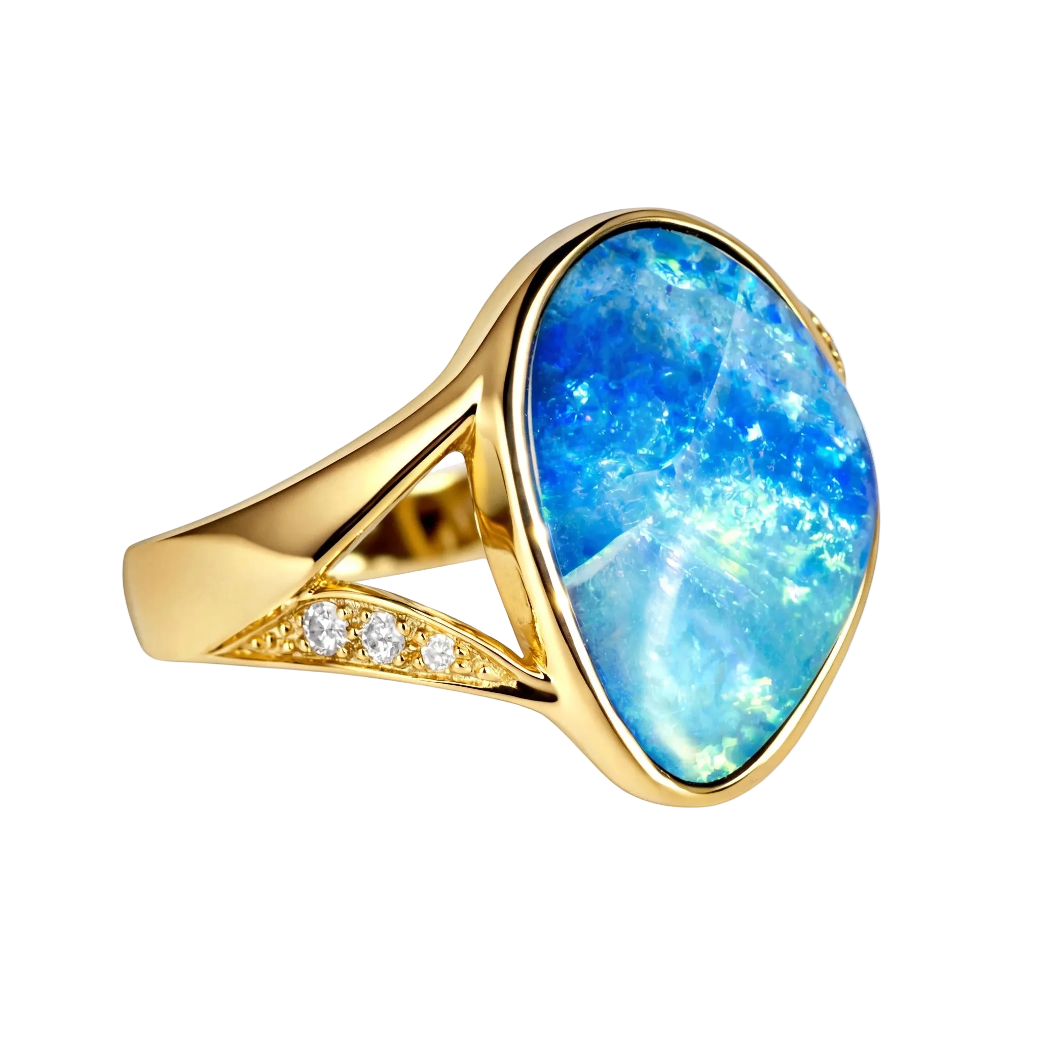 Doublet Opal Ring in 14K Yellow Gold - Green-Blue - Australian Opal Cutters and Pearl Divers
