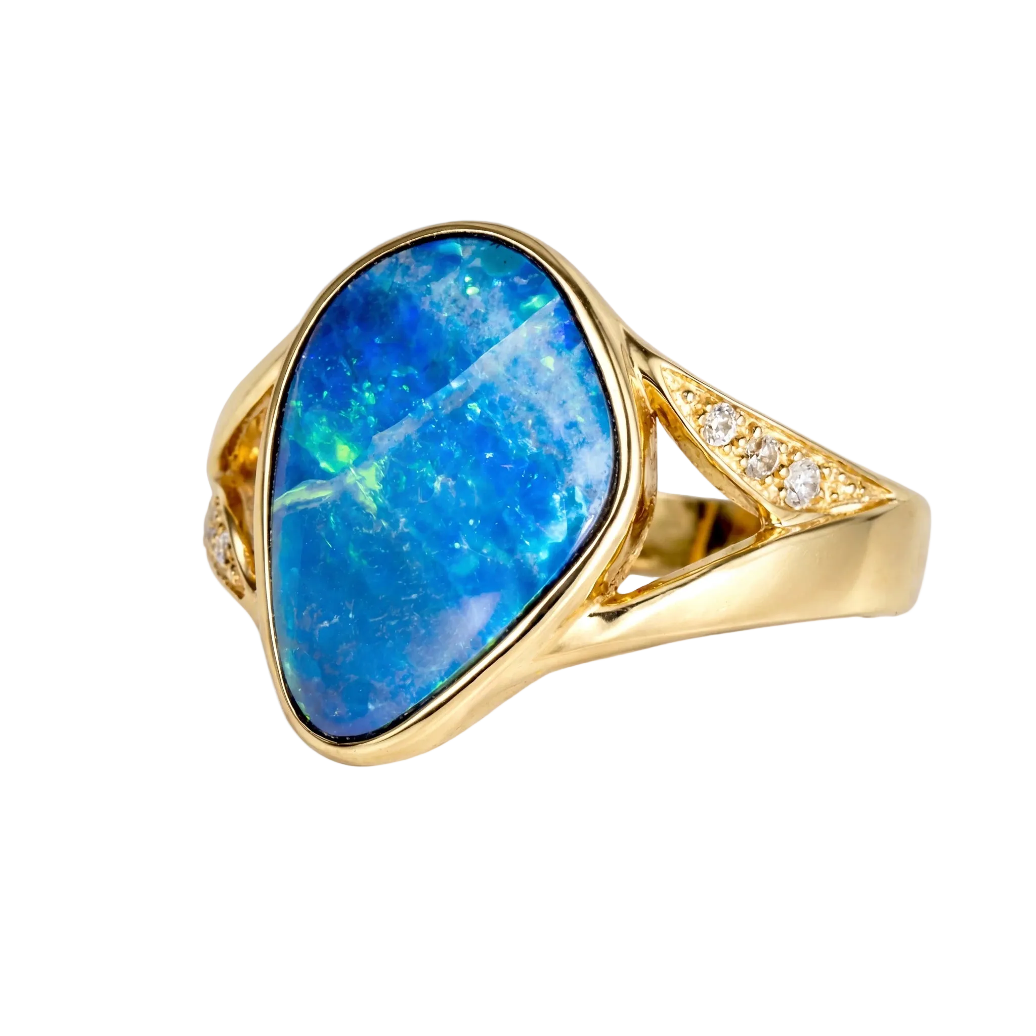 Doublet Opal Ring in 14K Yellow Gold - Green-Blue - Australian Opal Cutters and Pearl Divers