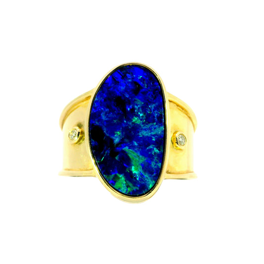 Doublet Opal Men's Ring in 14K Yellow Gold - Green-Blue