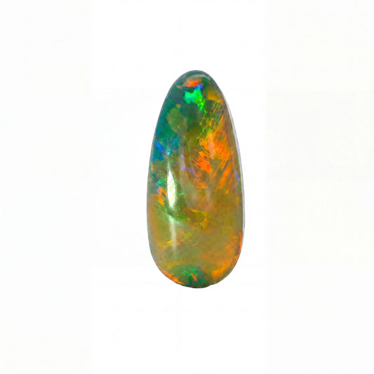 A teardrop-shaped cabochon gemstone showing a vibrant play-of-colour with orange, green, blue, and yellow iridescence on a white background.