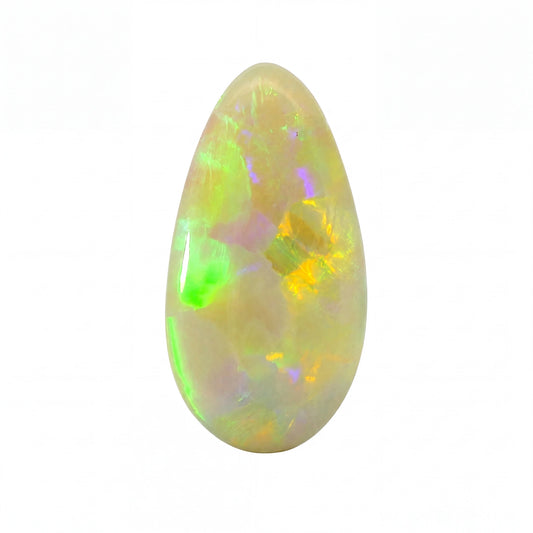 Opal stone with multicoloured play of colours on a white background