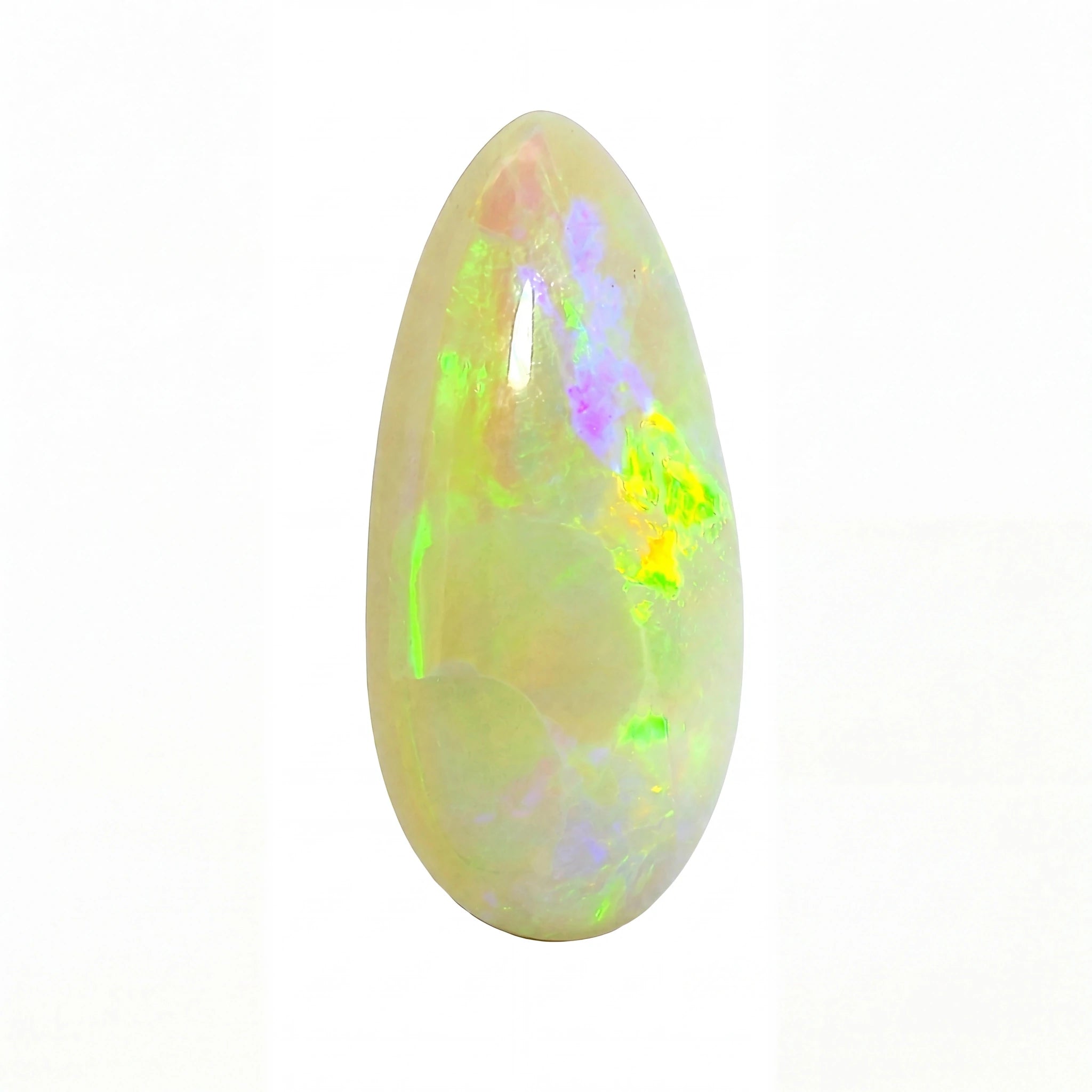 A teardrop-shaped cabochon opal gemstone with a pearlescent white base and vibrant flashes of green, yellow, and purple, set against a plain white background.