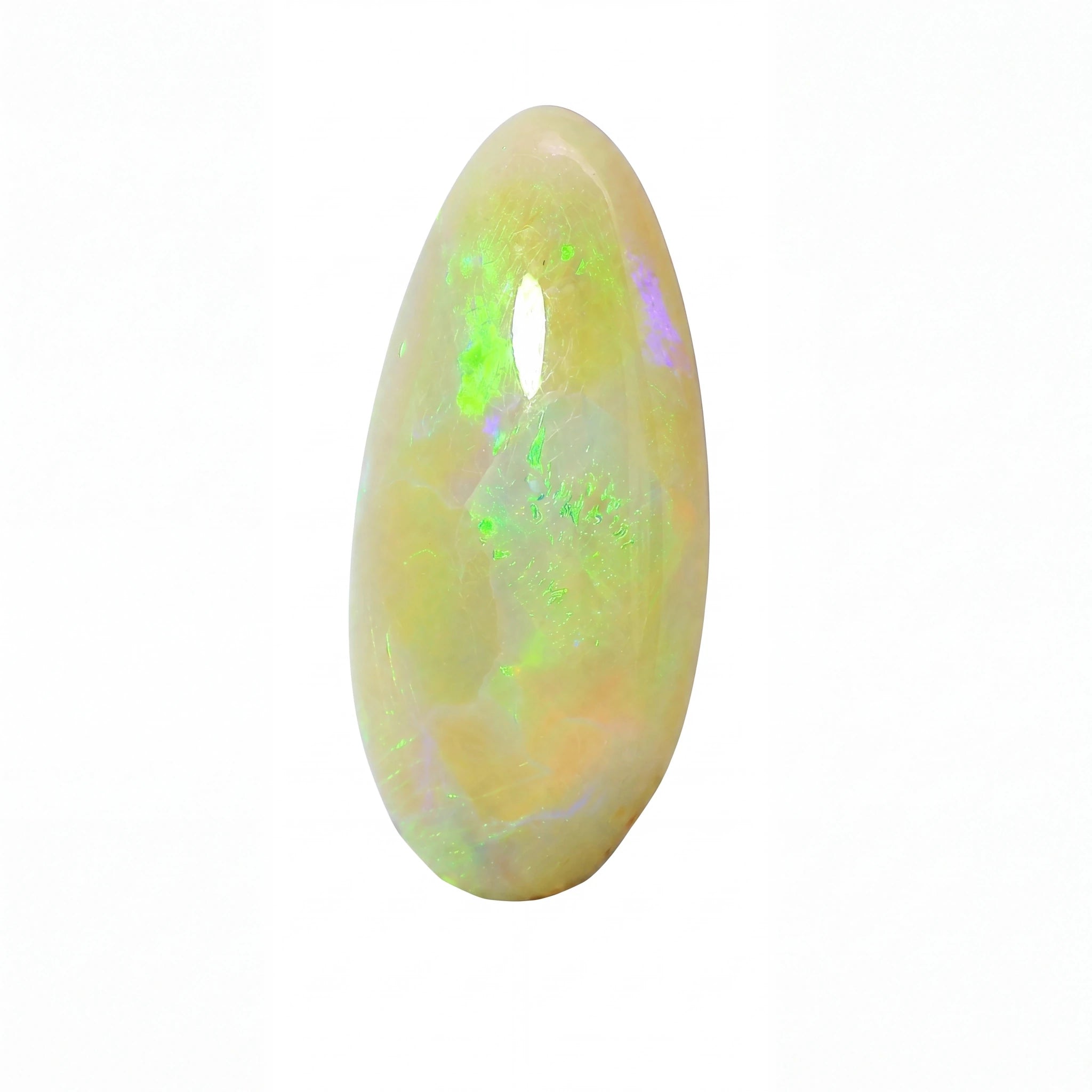 A teardrop-shaped cabochon opal gemstone with a creamy off-white base and vibrant, shifting flashes of neon green, purple, and yellow, set against a plain white background.