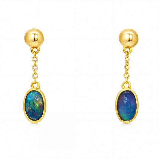 Black Opal Earrings in 14K Yellow Gold - Green and Blue