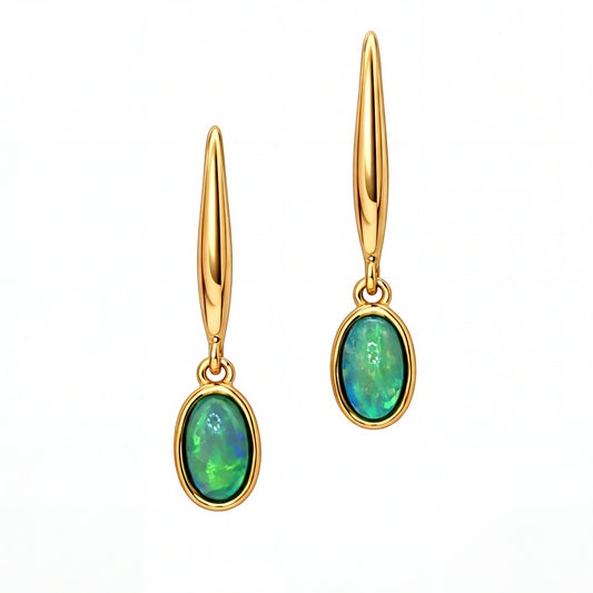 Dark Opal Earrings set in 14K Yellow Gold - Green and Blue