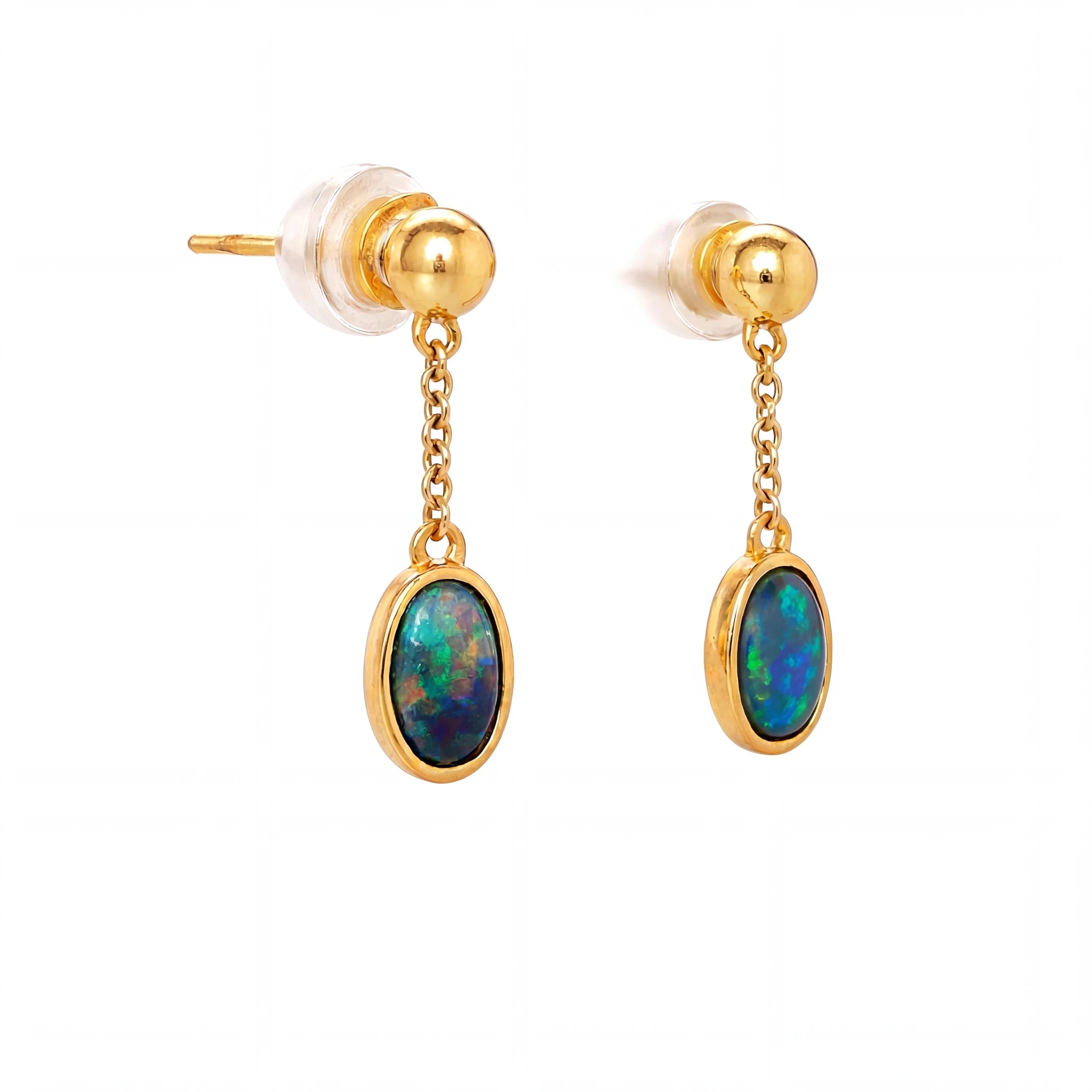 Yellow Gold Dangle Earrings with Cabochon Opal Gemstones - Australian Opal Cutters and Pearl Divers