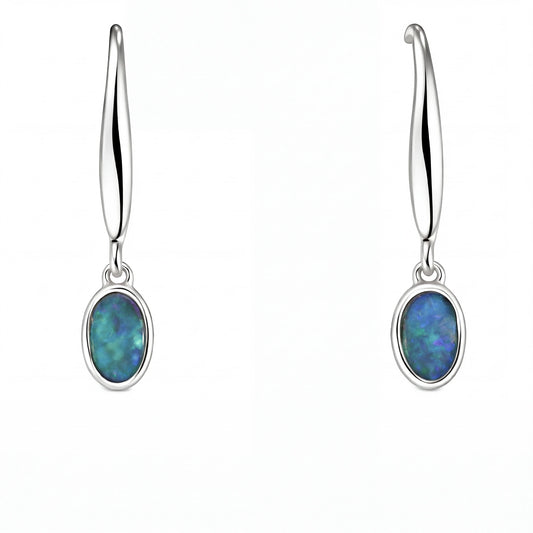 Silver Dangle Earrings with Oval Cabochon Opal - Australian Opal Cutters and Pearl Divers