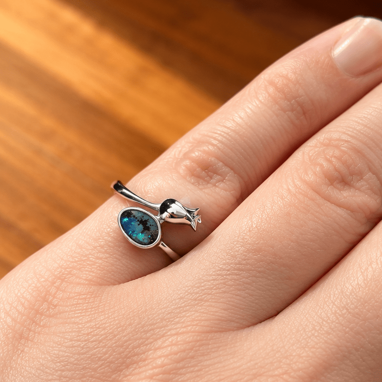 Boulder Opal Rose Ring set in 925 Sterling Silver - Blue-Green - Australian Opal Cutters and Pearl Divers