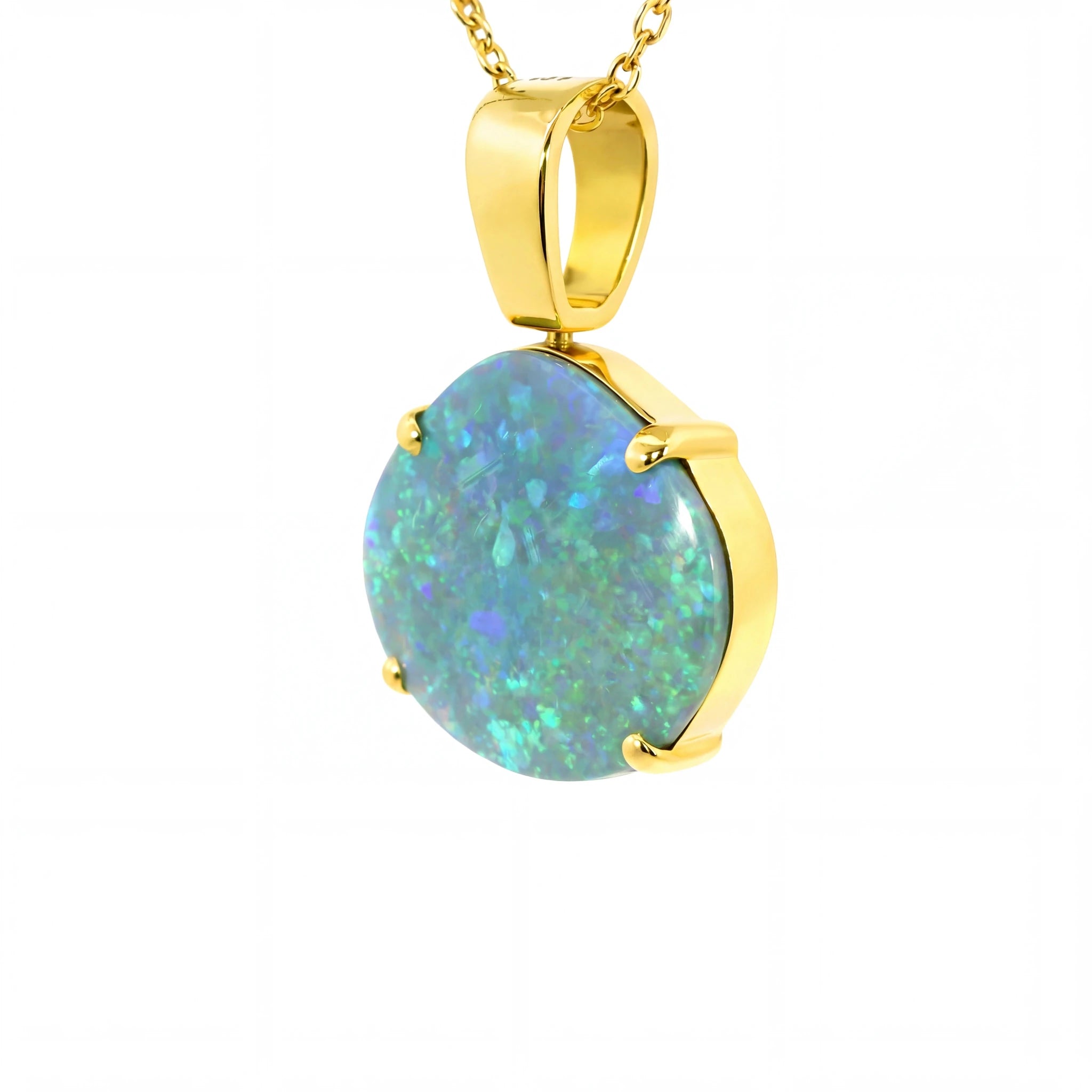 Black Opal Pendant in 18K Yellow Gold - Green and Blue - Australian Opal Cutters and Pearl Divers