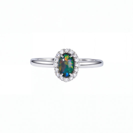 Black Opal Ring in 18K White Gold - Multicolour - Australian Opal Cutters and Pearl Divers