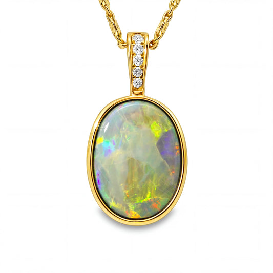 Dark Opal Pendant In 14k Yellow Gold - Multicolour - Australian Opal Cutters and Pearl Divers