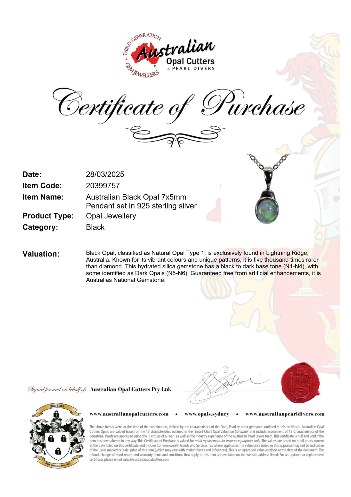 Dark Opal Pendant In 925 Sterling Silver - Green-Blue - Australian Opal Cutters and Pearl Divers