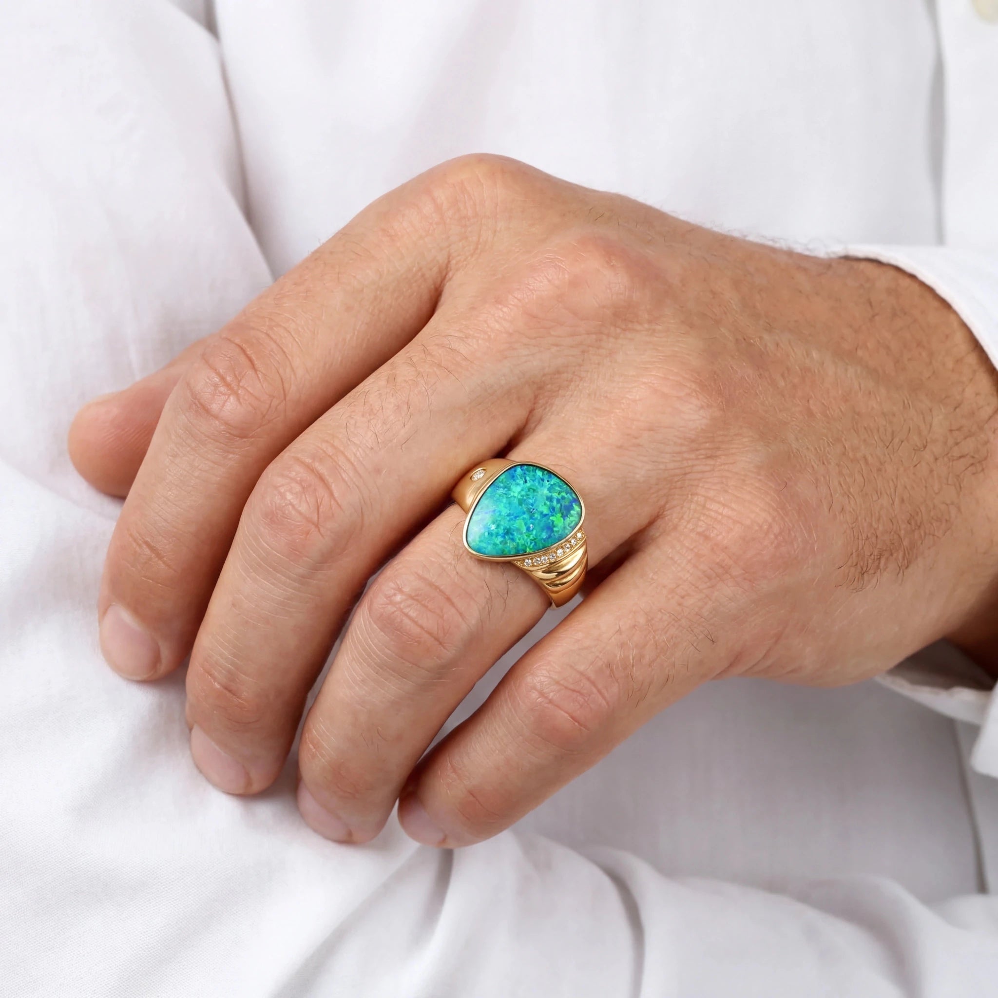Doublet Opal Men's Ring in 14K Yellow Gold - Multicolour - Australian Opal Cutters and Pearl Divers