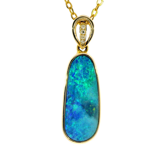 Doublet Opal Pendant in 14K Yellow Gold - Green-Blue - Australian Opal Cutters and Pearl Divers