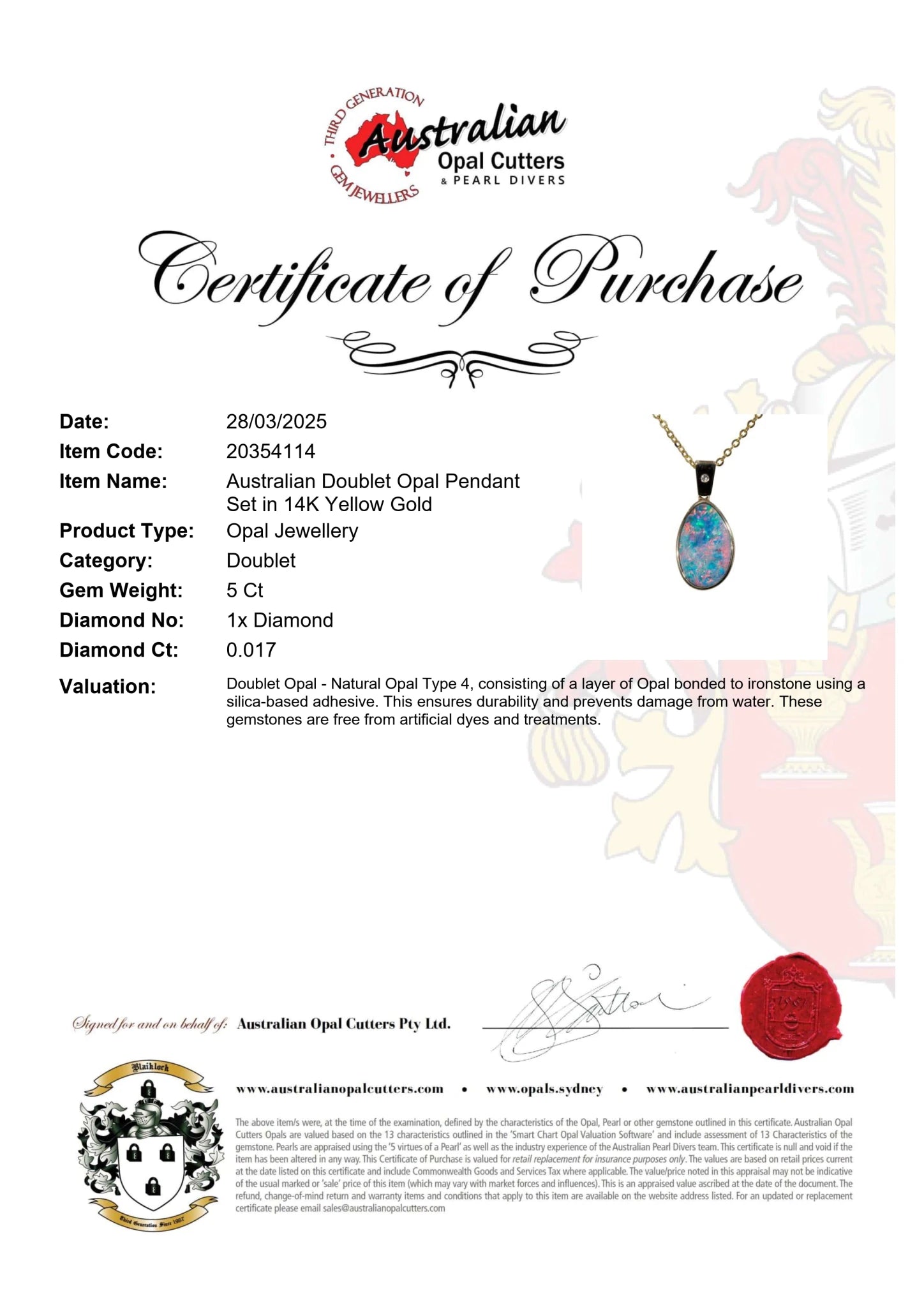 Doublet Opal Pendant in 14K Yellow Gold - Multicolour - Australian Opal Cutters and Pearl Divers