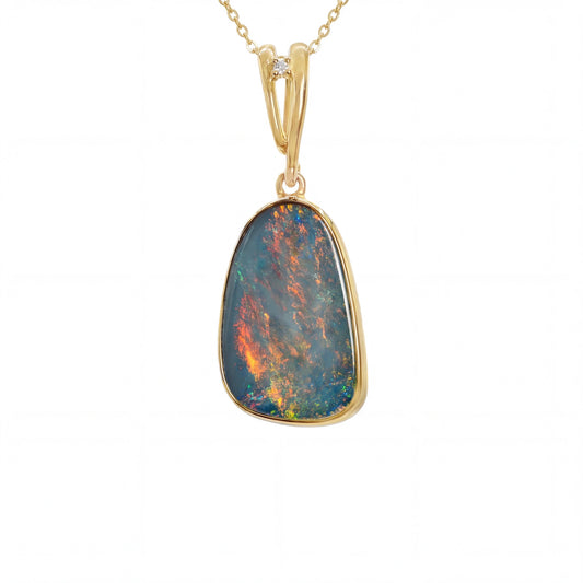 Doublet Opal Pendant in 14K Yellow Gold - Multicolour - Australian Opal Cutters and Pearl Divers