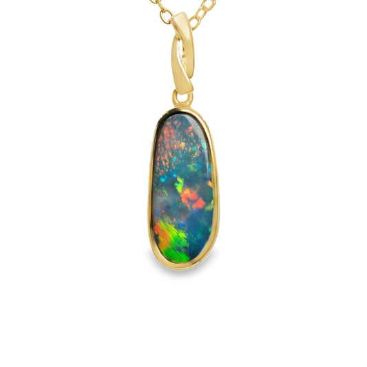 Doublet Opal Pendant in 14K Yellow Gold - Multicolour - Australian Opal Cutters and Pearl Divers