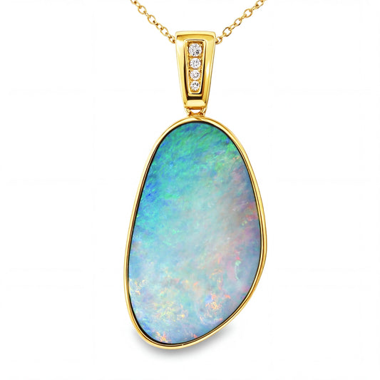 Doublet Opal Pendant in 14K Yellow Gold - Multicolour - Australian Opal Cutters and Pearl Divers