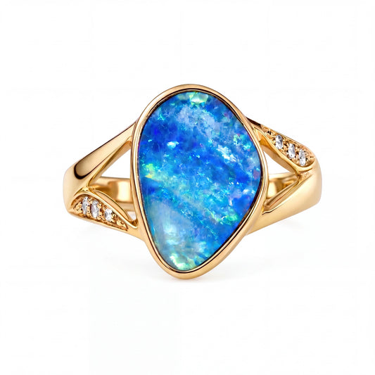 Doublet Opal Ring in 14K Yellow Gold - Green-Blue - Australian Opal Cutters and Pearl Divers