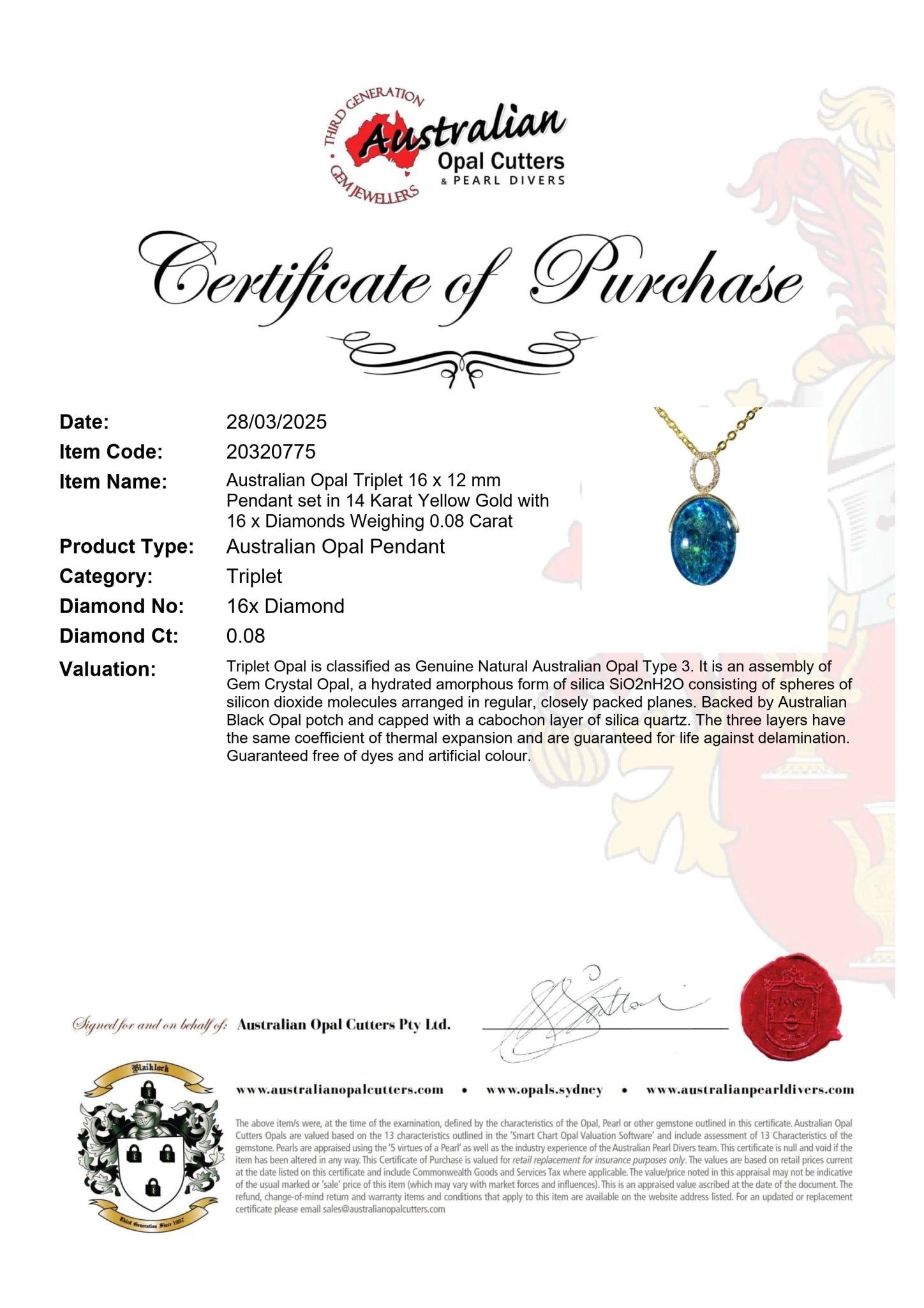 Triplet Opal Pendant in 14K Yellow Gold - Green-Blue - Australian Opal Cutters and Pearl Divers