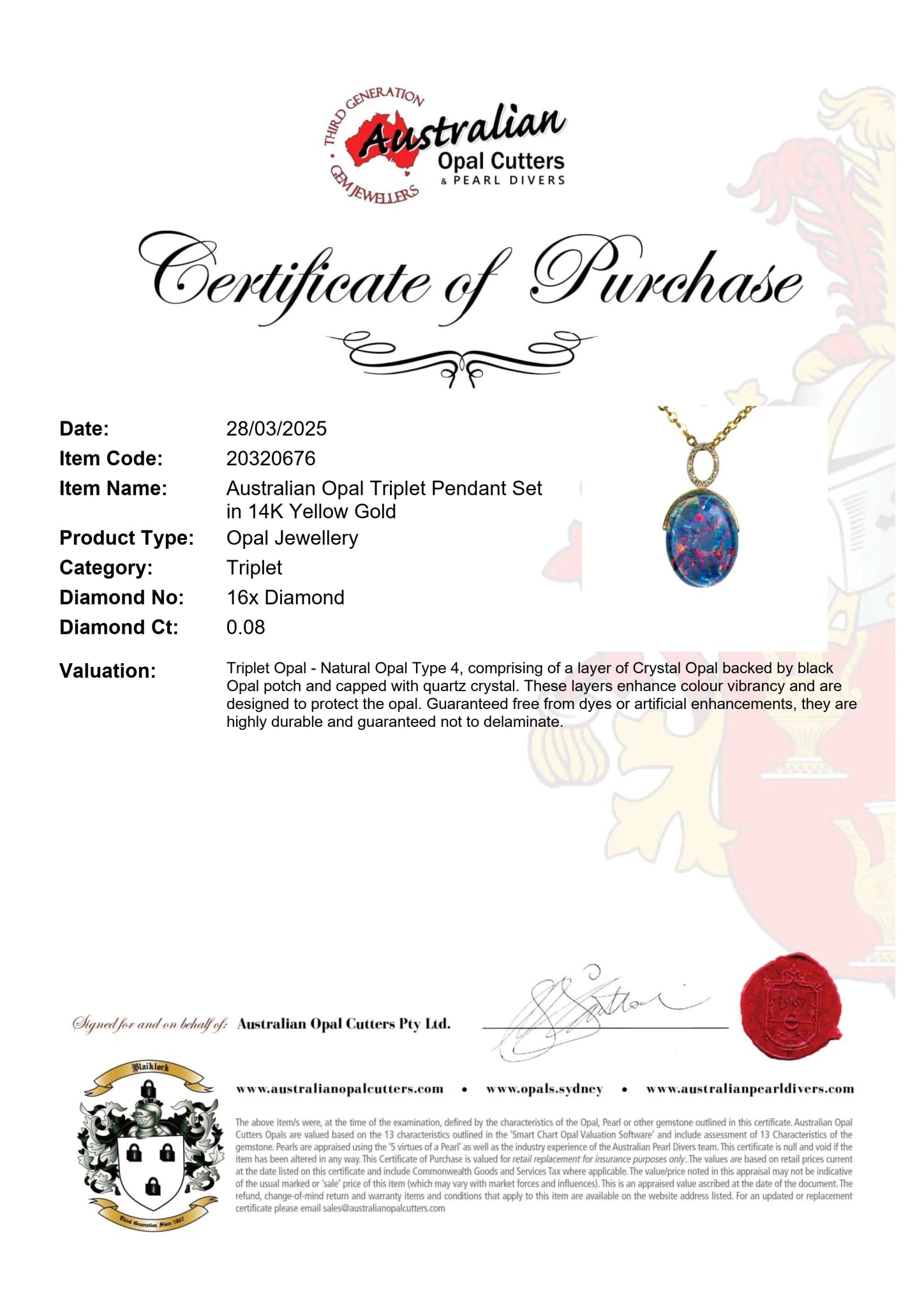 Triplet Opal Pendant in 14K Yellow Gold - Multicolour - Australian Opal Cutters and Pearl Divers
