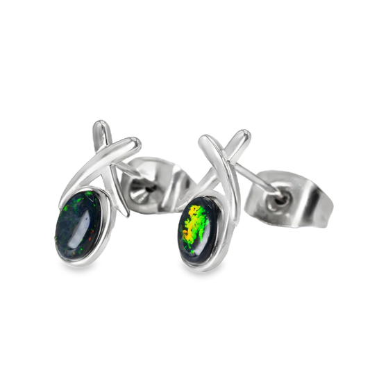 Black Opal Earrings in Stainless Steel - Green-Blue