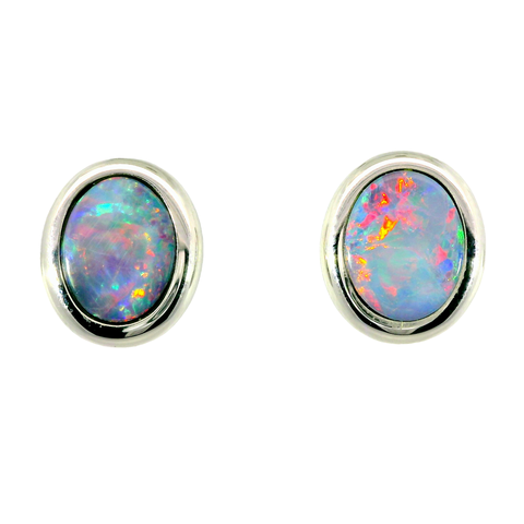 Doublet Opal Earrings in 14K White Gold (Multicolour)