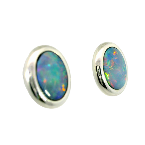Doublet Opal Earrings in 14K White Gold (Multicolour)