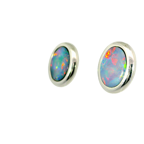 Doublet Opal Earrings in 14K White Gold (Multicolour)