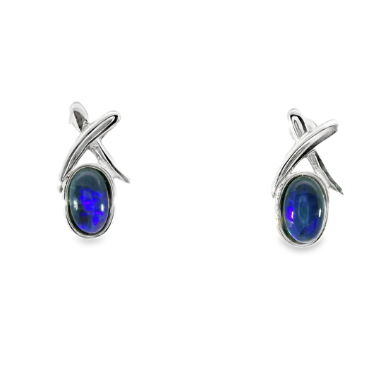 Black Opal Earrings in 925 Sterling Silver - Green-Blue