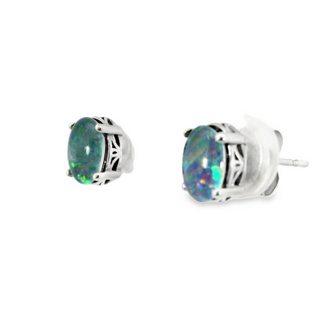 Triplet Opal Earrings in Stainless Steel - Green-Blue