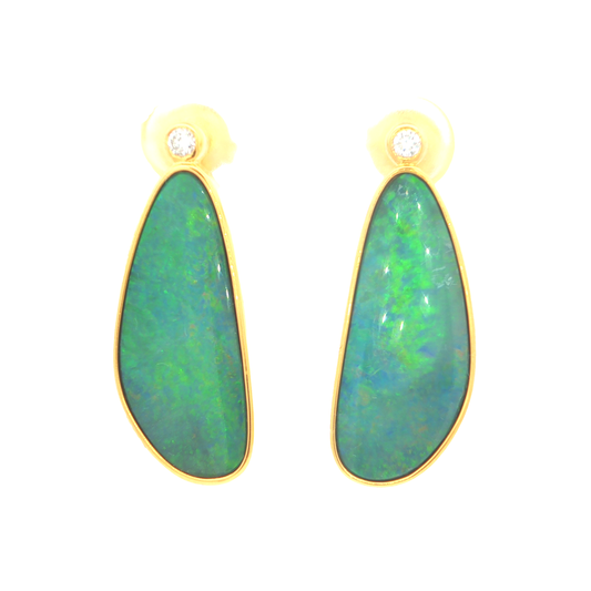 Australian Doublet Opal Earrings 23x10mm Green Blue Gold Plated with Cubic Zirconia